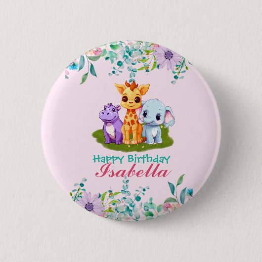 かわいいフローラヒッポサファリジャングルアニマルズ誕生日 缶バッジ (正面)