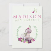 かわいいフローラヒッポパープルベビーガール写真誕生 案内状 (正面)