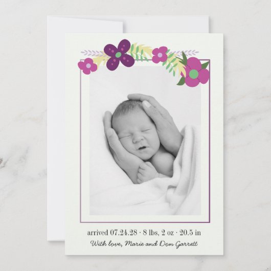 かわいいフローラヒッポパープルベビーガール写真誕生 案内状 (裏面)