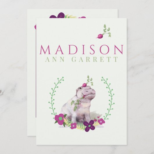 かわいいフローラヒッポパープルベビーガール写真誕生 案内状 (正面/裏面)