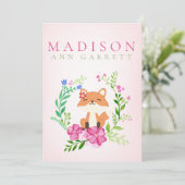 かわいいフローラピンクのキツネのベビーガールフォト誕生 案内状 (スタンド正面)