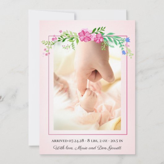 かわいいフローラピンクのキツネのベビーガールフォト誕生 案内状 (裏面)