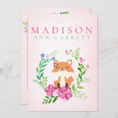 かわいいフローラピンクのキツネのベビーガールフォト誕生 案内状 (正面/裏面)