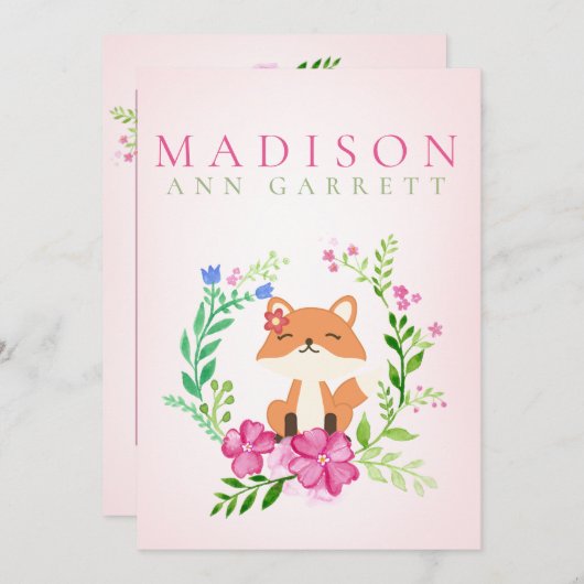 かわいいフローラピンクのキツネのベビーガールフォト誕生 案内状 (正面/裏面)