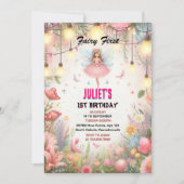 かわいいフローラピンクの女の子の妖精の最初の1歳の誕生日を飛ぶ 招待状 (正面)
