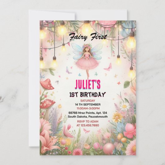 かわいいフローラピンクの女の子の妖精の最初の1歳の誕生日を飛ぶ 招待状 (正面)