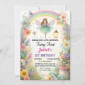かわいいフローラピンクの女の子の妖精の最初の1歳の誕生日 招待状 (正面)