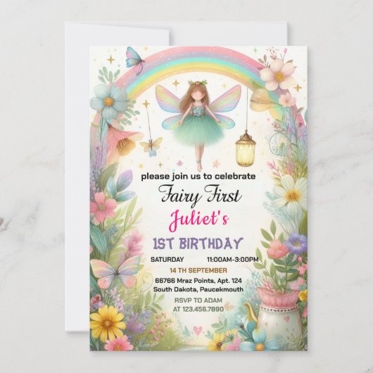 かわいいフローラピンクの女の子の妖精の最初の1歳の誕生日 招待状 (正面)