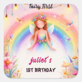 かわいいフローラピンクの女の子の妖精を最初の誕生日にセット スクエアシール (正面)