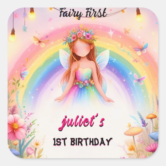 かわいいフローラピンクの女の子の妖精を最初の誕生日にセット スクエアシール (正面)