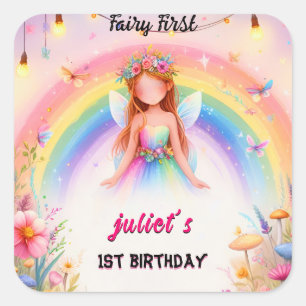 かわいいフローラピンクの女の子の妖精を最初の誕生日にセット スクエアシール