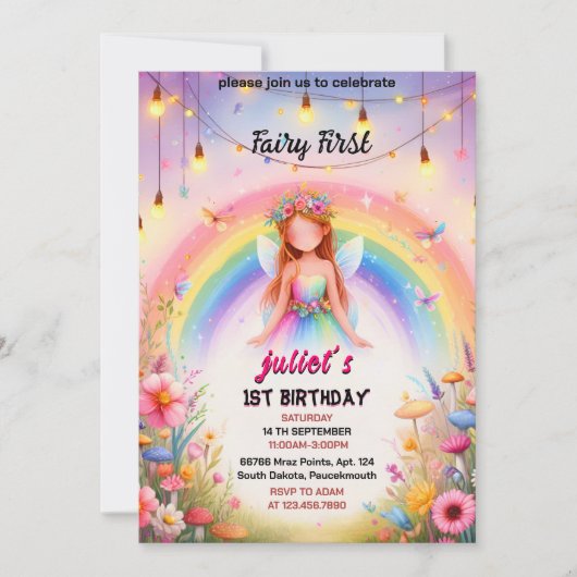 かわいいフローラピンクの女の子の妖精を最初の誕生日にセット 招待状 (正面)