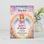 かわいいフローラピンクの女の子の妖精を最初の誕生日にセット 招待状 (スタンド正面)