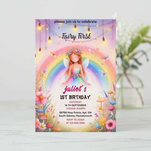 かわいいフローラピンクの女の子の妖精を最初の誕生日にセット 招待状 (スタンド正面)