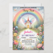 かわいいフローラピンクの女の子フェアリー最初の1歳の誕生日 招待状 (正面)