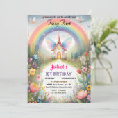 かわいいフローラピンクの女の子フェアリー最初の1歳の誕生日 招待状 (スタンド正面)