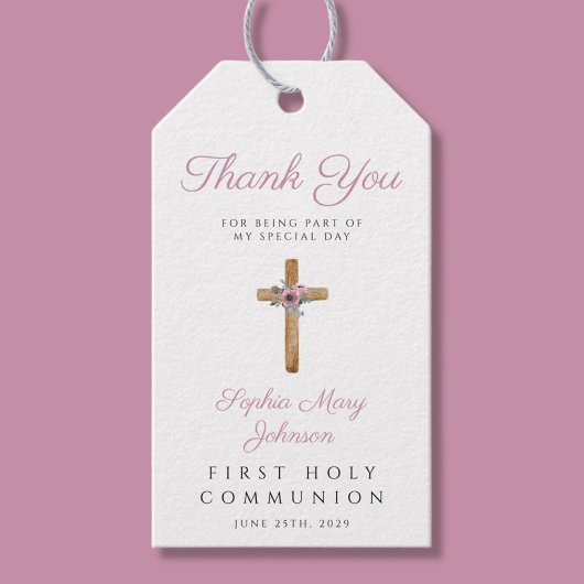 かわいいフローラピンククロスガールファースト・コミュニオン ギフトタグ