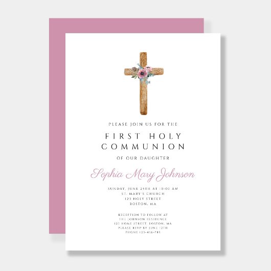 かわいいフローラピンククロスファースト聖餐式 招待状