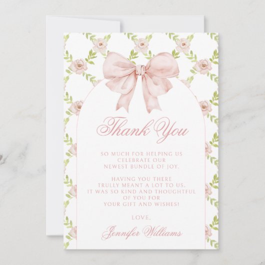 かわいいフローラピンクボウみすぼらしいシックな赤ちゃんガールシャワー サンキューカード (正面)