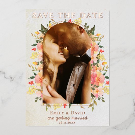 かわいいフローラフォトアーチ結婚式の日付を保存 箔招待状 (正面)