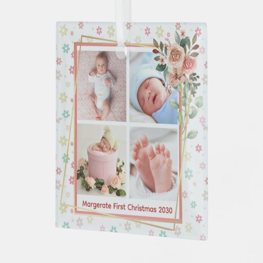 かわいいフローラフレームパーソナライズされた新生児4写真 ガラスオーナメント (正面左)
