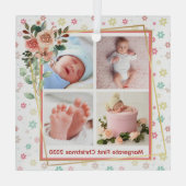 かわいいフローラフレームパーソナライズされた新生児4写真 ガラスオーナメント (裏面)