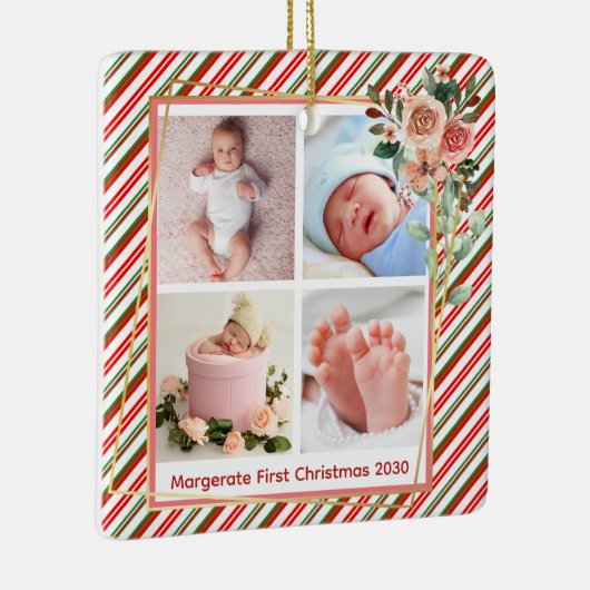 かわいいフローラフレームパーソナライズされた新生児4写真 セラミックオーナメント (右)