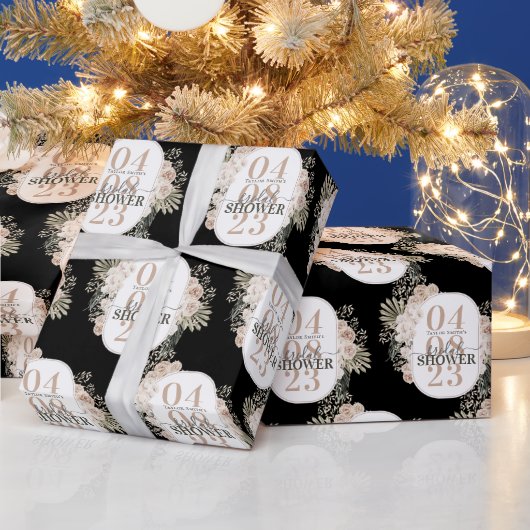 かわいいフローラフレームブライダルシャワーパーソナライズされたブラック ラッピングペーパー (クリスマス)