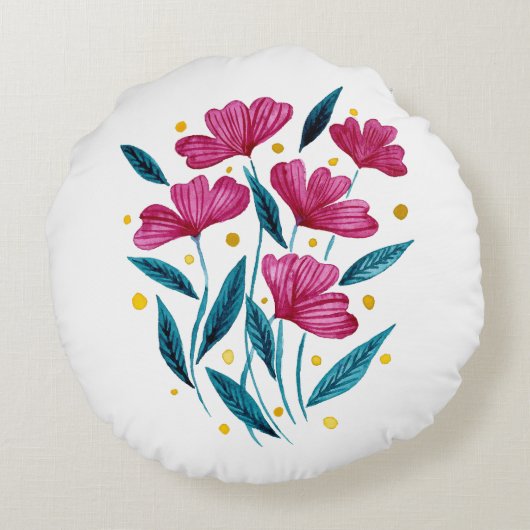 かわいいフローラブーケ – マゼンタとティール(緑がかった色) ラウンドクッション (裏面)