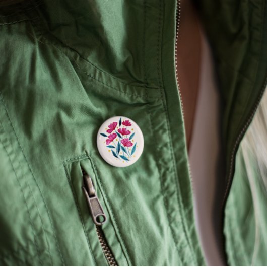 かわいいフローラブーケ – マゼンタとティール（緑がかった色） 缶バッジ