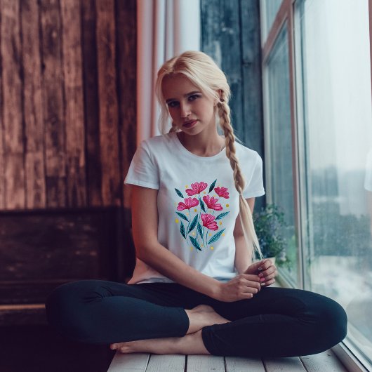 かわいいフローラブーケ – マゼンタとティール（緑がかった色） Tシャツ