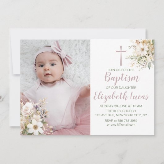 かわいいフローラベビーガールバプティスフォト招待状 招待状 (正面)