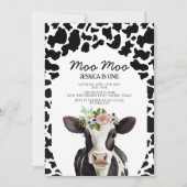 かわいいフローラモダン牛1歳の誕生日パーティー写真 招待状 (正面)