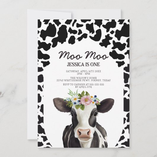 かわいいフローラモダン牛1歳の誕生日パーティー写真 招待状 (正面)