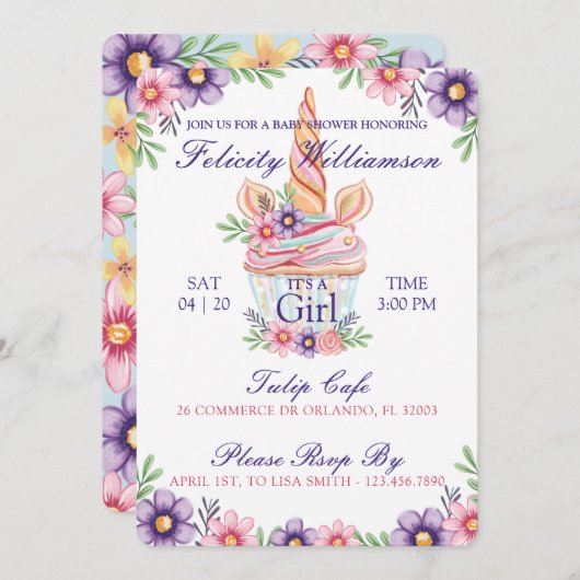 かわいいフローラユニコーンカップケーキベビーシャワー招待状 招待状 (正面/裏面)