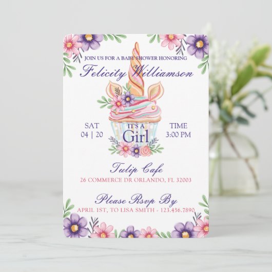 かわいいフローラユニコーンカップケーキベビーシャワー招待状 招待状 (スタンド正面)