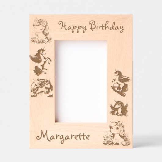 かわいいフローラユニコーン子供の誕生日ギフト木製 レーザー彫刻フレーム (正面)