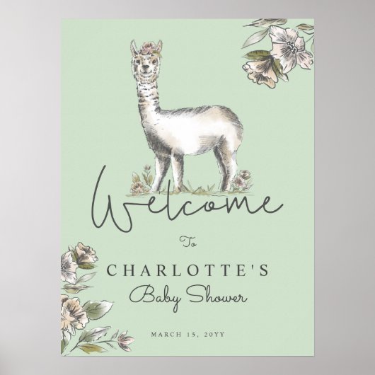 かわいいフローララマアルパカベビーシャワーウェルカム ポスター (正面)