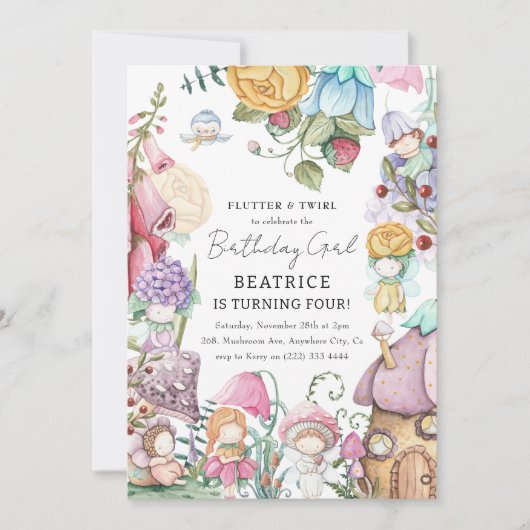 かわいいフローラリトル妖精ガール誕生日 招待状 (正面)