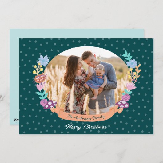 かわいいフローラリースグリーンクリスマス写真 シーズンカード (正面/裏面)