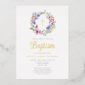 かわいいフローラリース宗教女子バプテスマ金ゴールド 箔招待状 (正面)