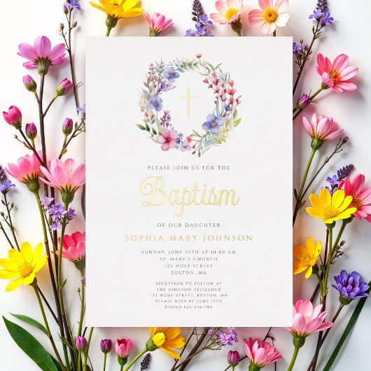 かわいいフローラリース宗教女子バプテスマ金ゴールド 箔招待状