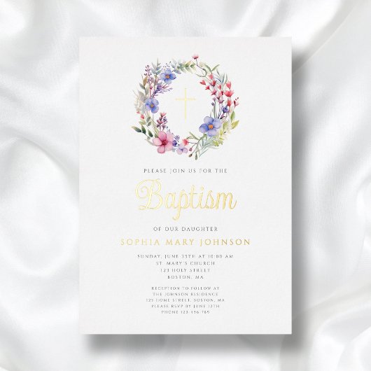 かわいいフローラリース宗教女子バプテスマ金ゴールド 箔招待状