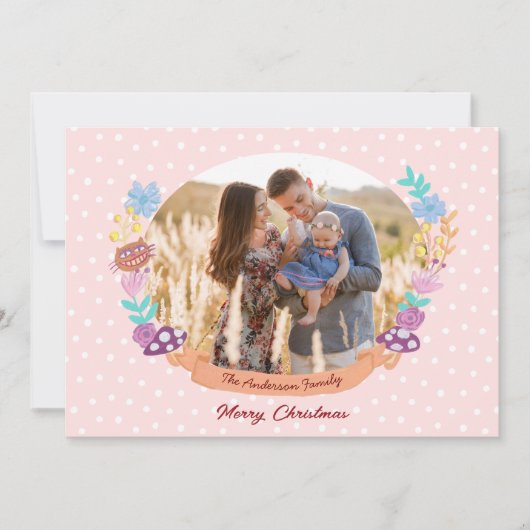 かわいいフローラリース赤面ピンクのクリスマスフォト シーズンカード (正面)