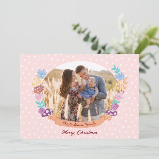 かわいいフローラリース赤面ピンクのクリスマスフォト シーズンカード (スタンド正面)