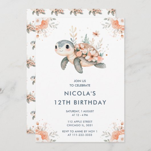 かわいいフローラ亀の誕生日パーティー 招待状 (正面/裏面)