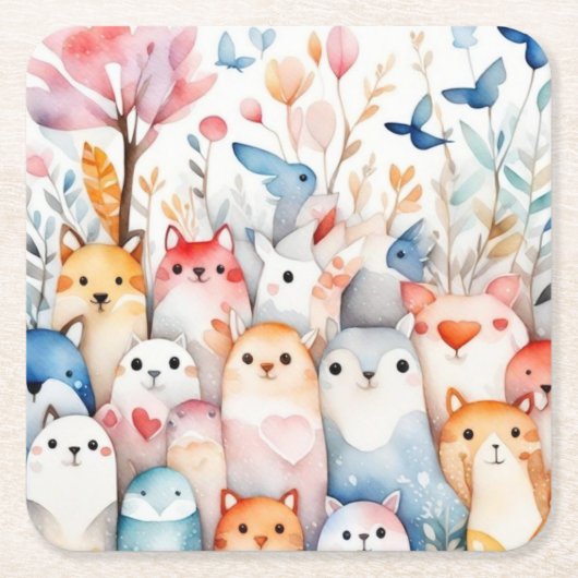 かわいいフローラ動物かわいいデザイン スクエアペーパーコースター (正面)