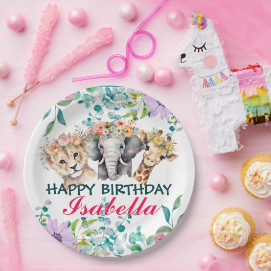 かわいいフローラ動物園ジャングル動物誕生日へようこそ ペーパープレート (パーティー)