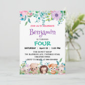 かわいいフローラ動物園ジャングル動物誕生日女の子の子 招待状 (スタンド正面)