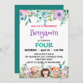 かわいいフローラ動物園ジャングル動物誕生日女の子の子 招待状 (正面/裏面)